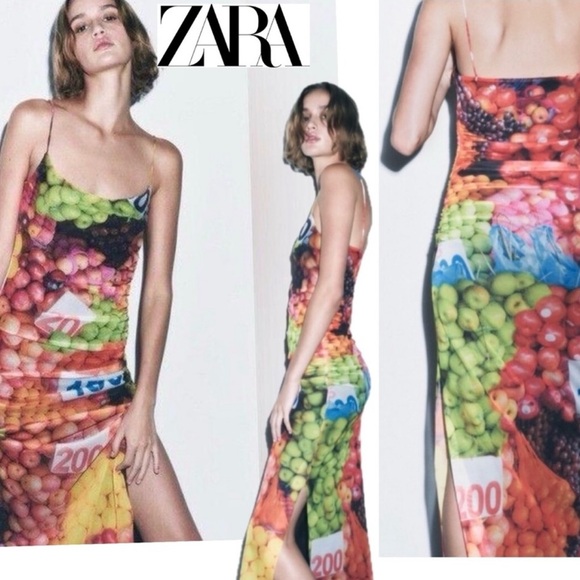 New Zara Colorful Fruit Print Backless Dress - Picture 2 of 12